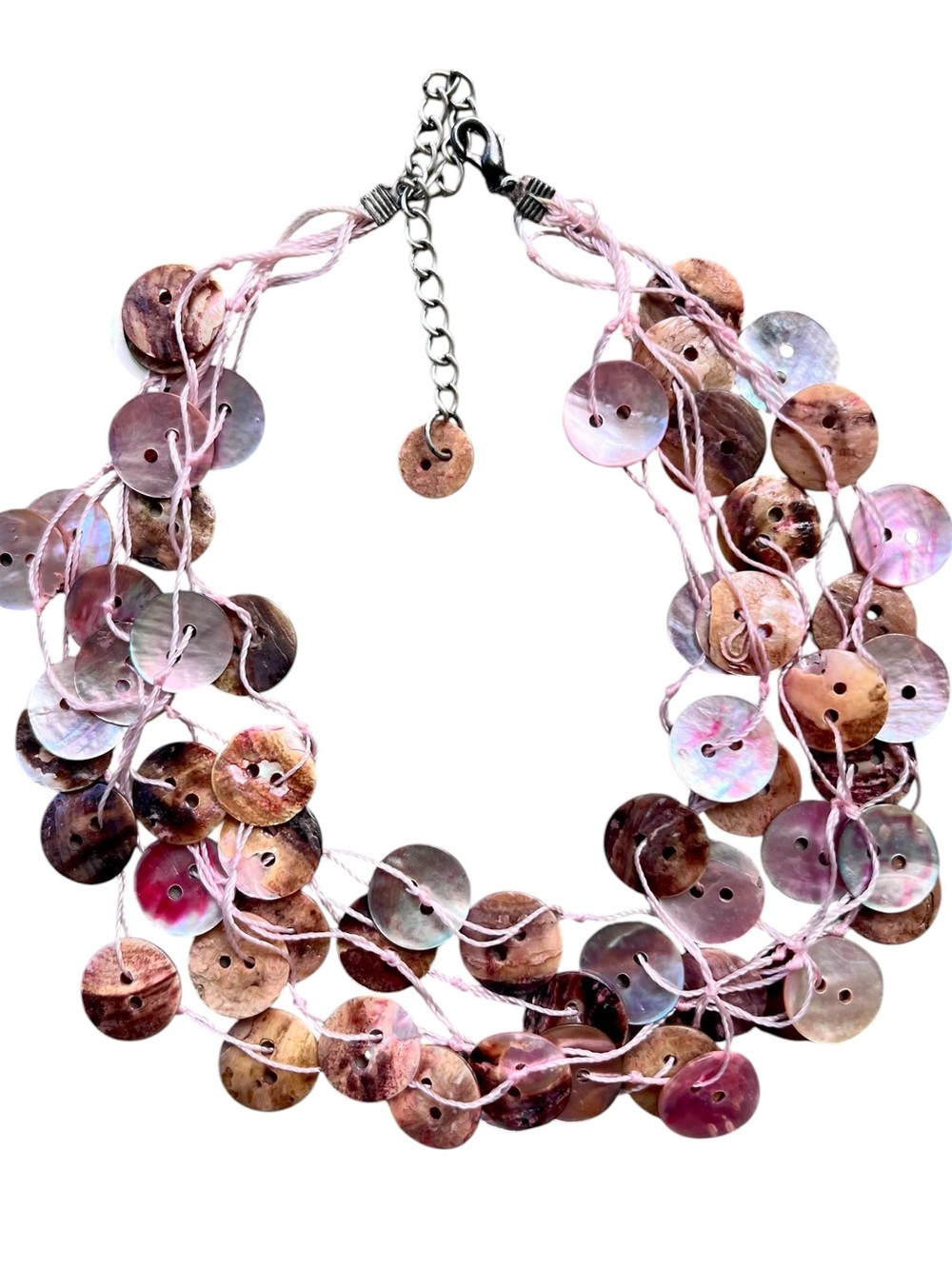 Vintage Y2K Mother of Pearl Pink Shell Disc Multi-Strand Statement Necklace